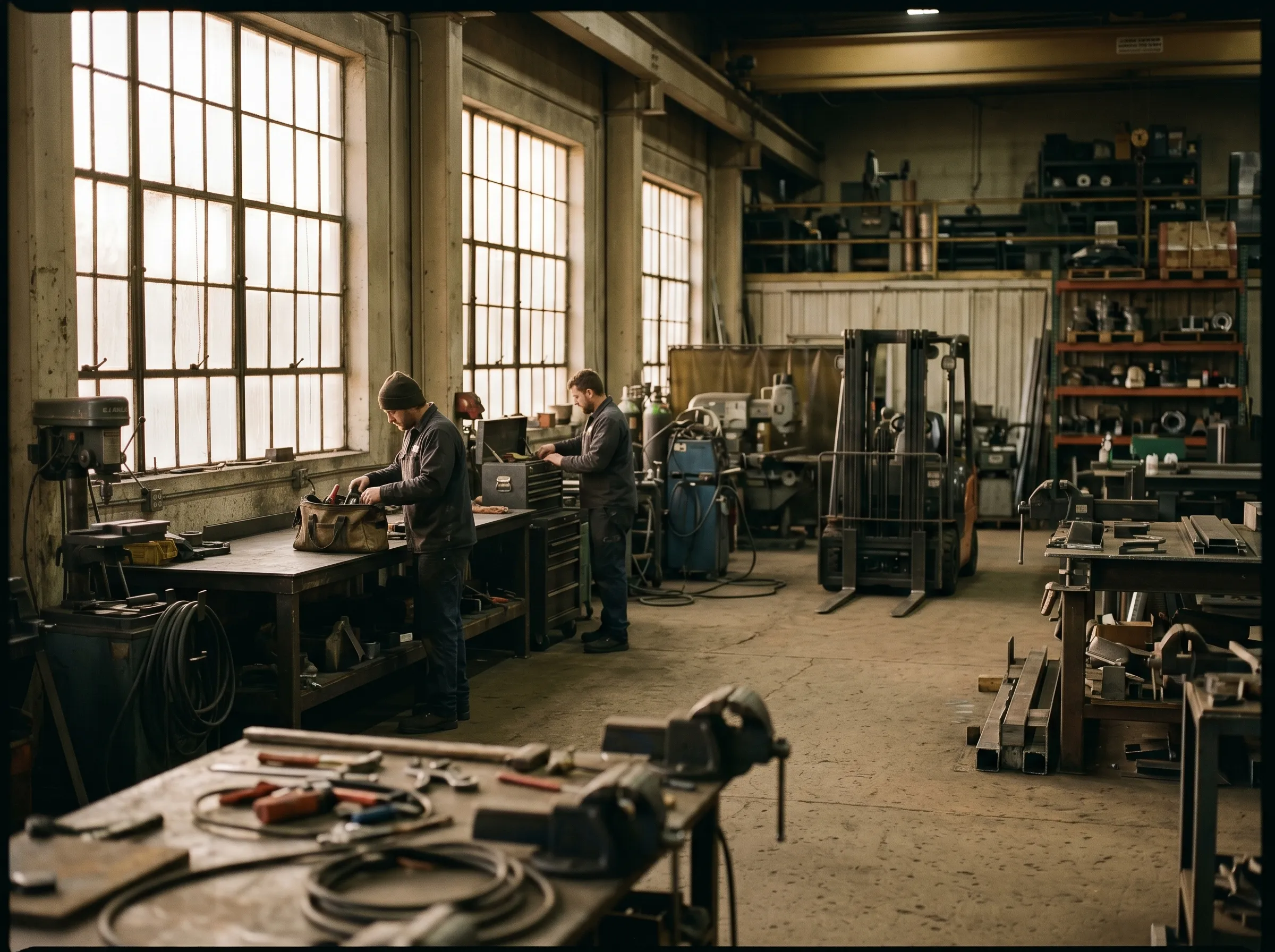 Wide industrial workshop interior at end of day with golden light through windows